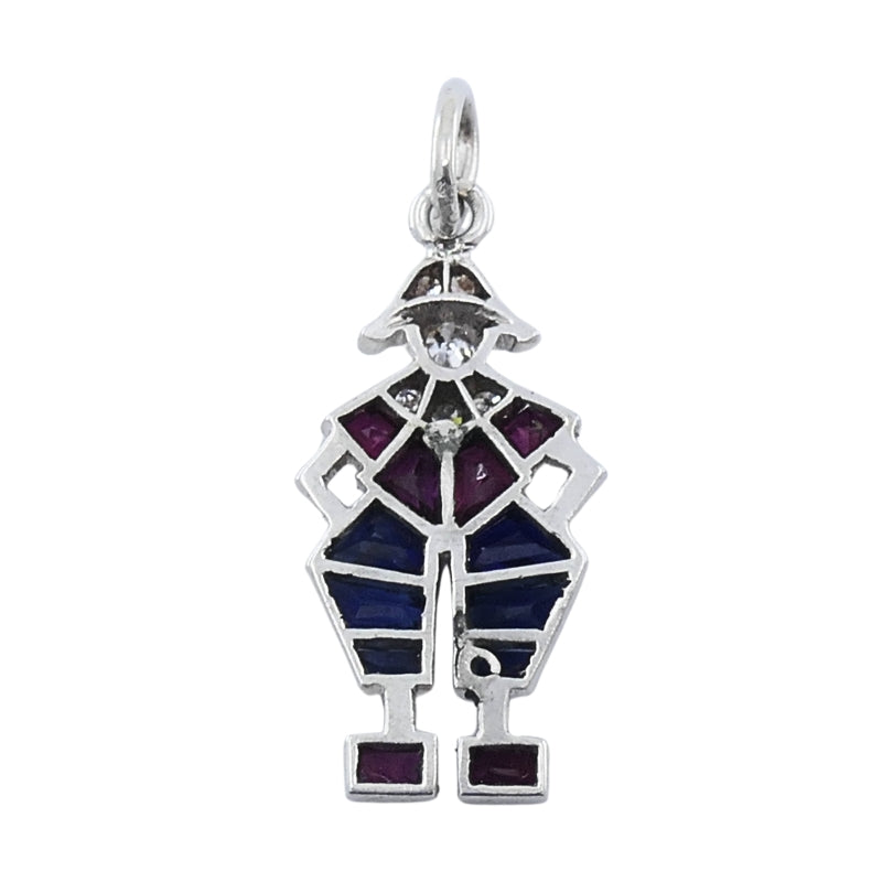 Antique Platinum Pierrot Charm Diamond & Calibré-Cut Gemstones