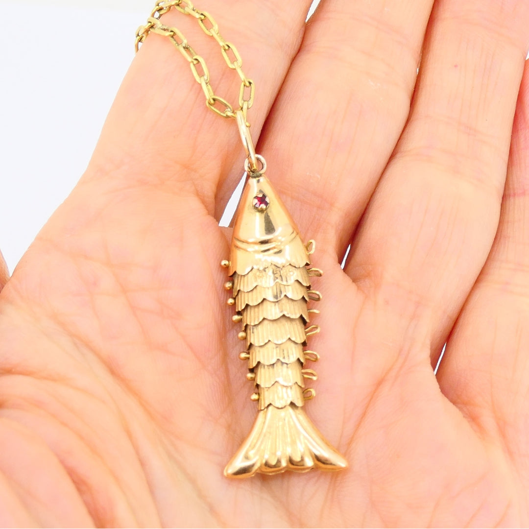 Vintage 14k Gold Fish Pendant 18k Gold Chain Necklace