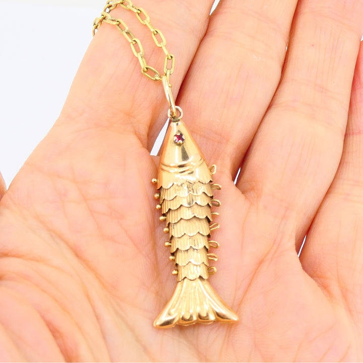 Vintage 14k Gold Fish Pendant 18k Gold Chain Necklace