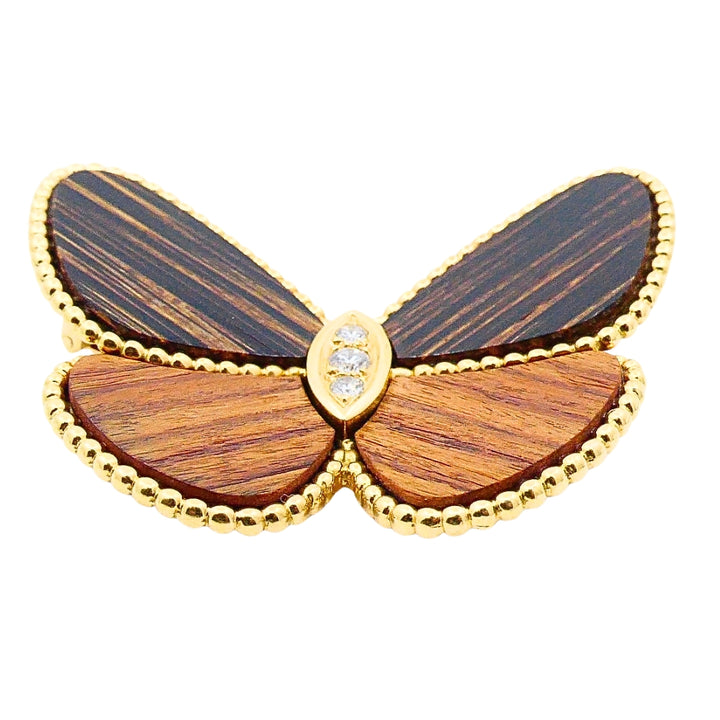 Van Cleef & Arpels Butterfly Brooch 18k Gold Wood Diamond