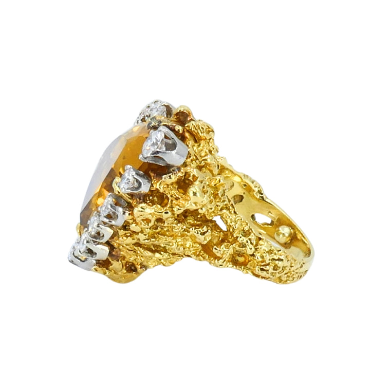 Vintage 18k Gold Citrine Diamond Ring Brutalist Design