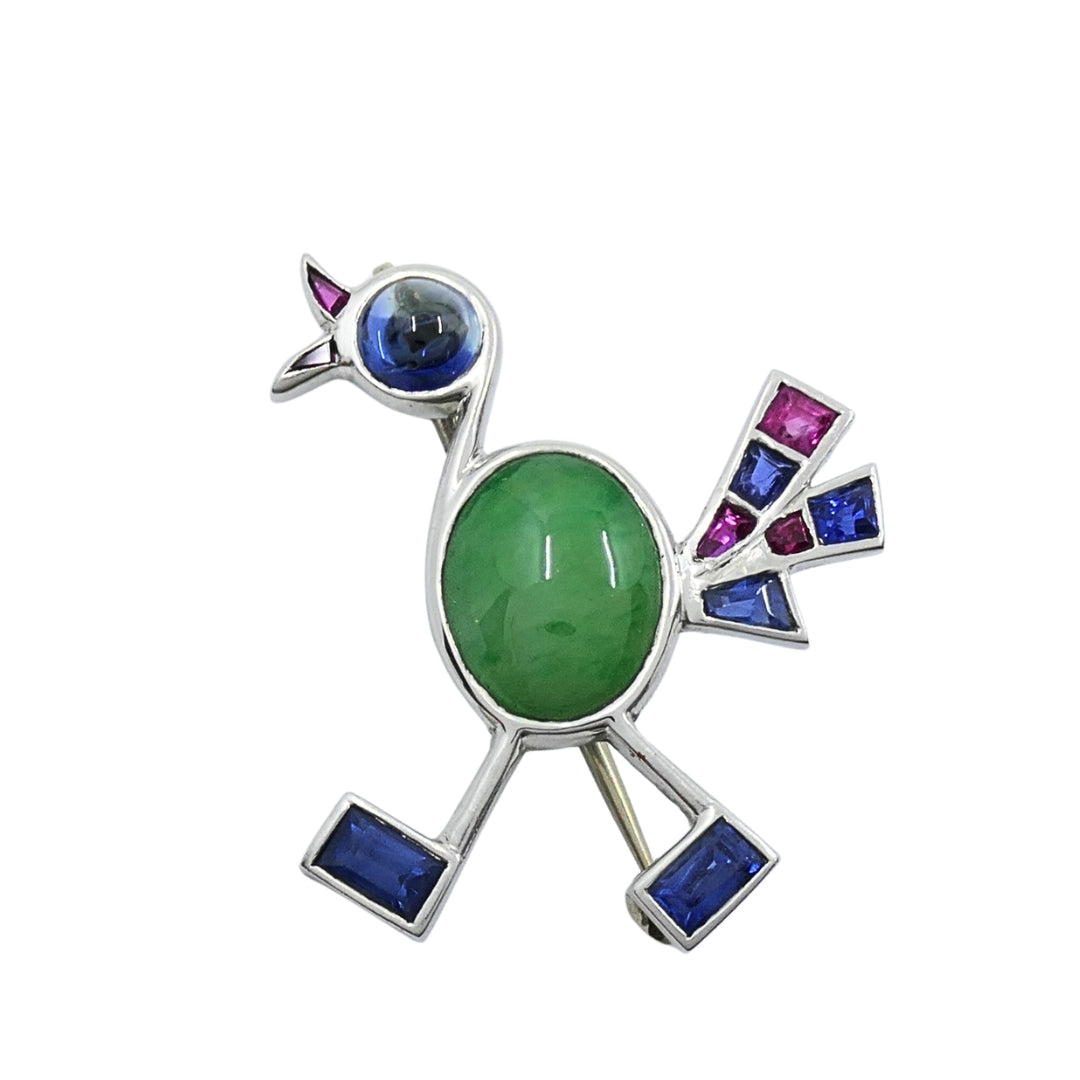 Vintage Modernist 14k White Gold Multigemstone Bird Brooch