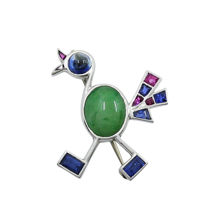 Vintage Modernist 14k White Gold Multigemstone Bird Brooch