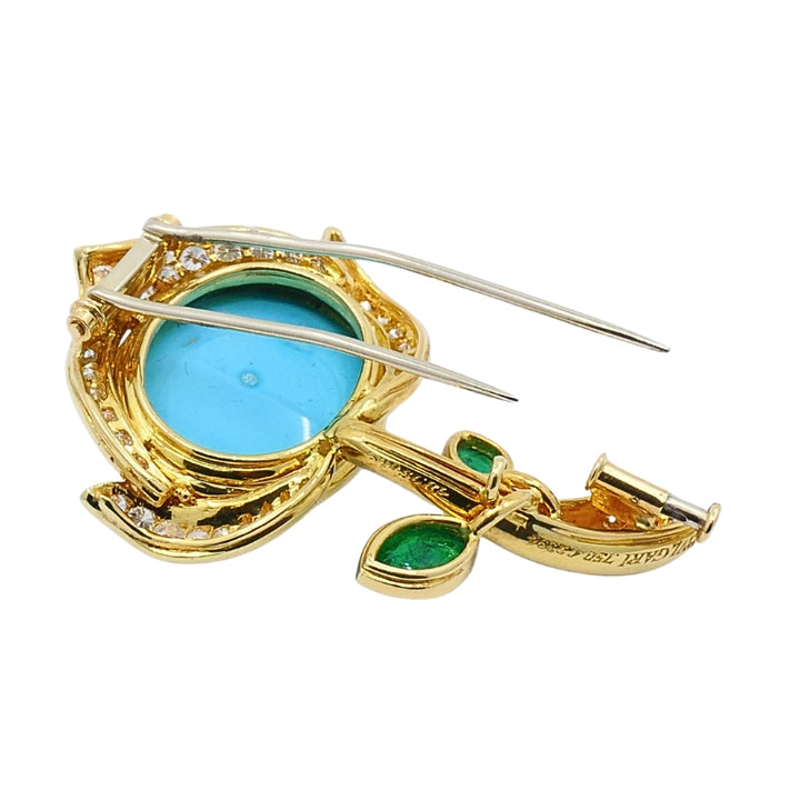 Bvlgari Bulgari 18k Gold Turquoise Flower Brooch Emerald Diamond Accents