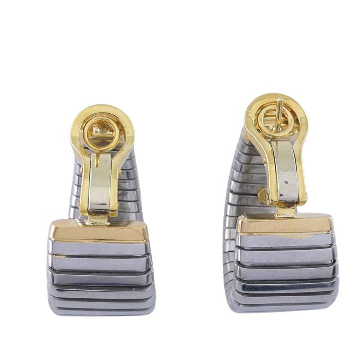 Bvlgari 18k Yellow Gold & Steel Tubogas Pyramid Hoop Earrings