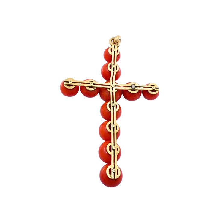 Victorian 18k Gold Coral Diamond Accent Cross Pendant Necklace 14k Gold Chain