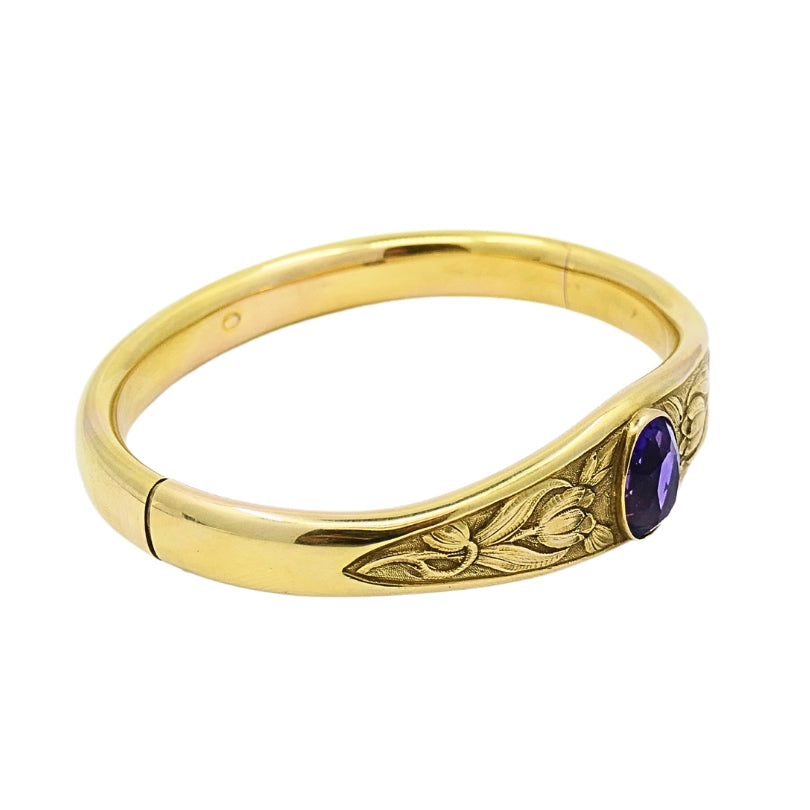 Riker Brothers Art Nouveau 14k Gold Bangle Amethyst Bracelet