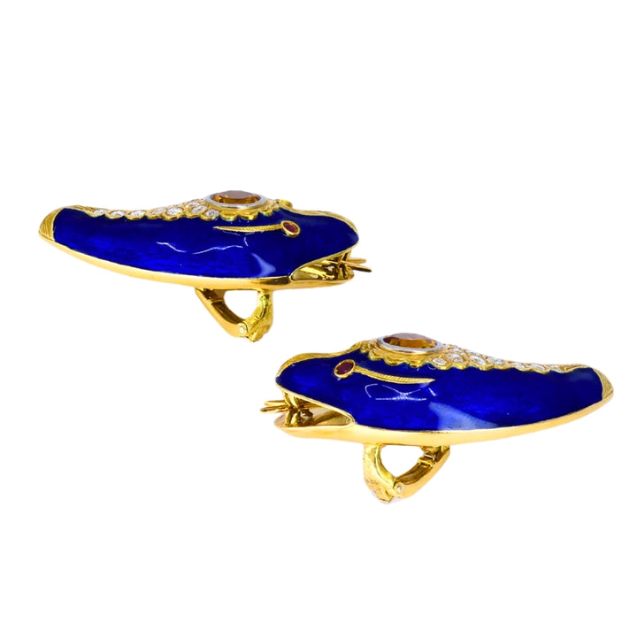 Vintage French 1950s Snake Earrings 18k Gold Platinum Blue Enamel Gemstones