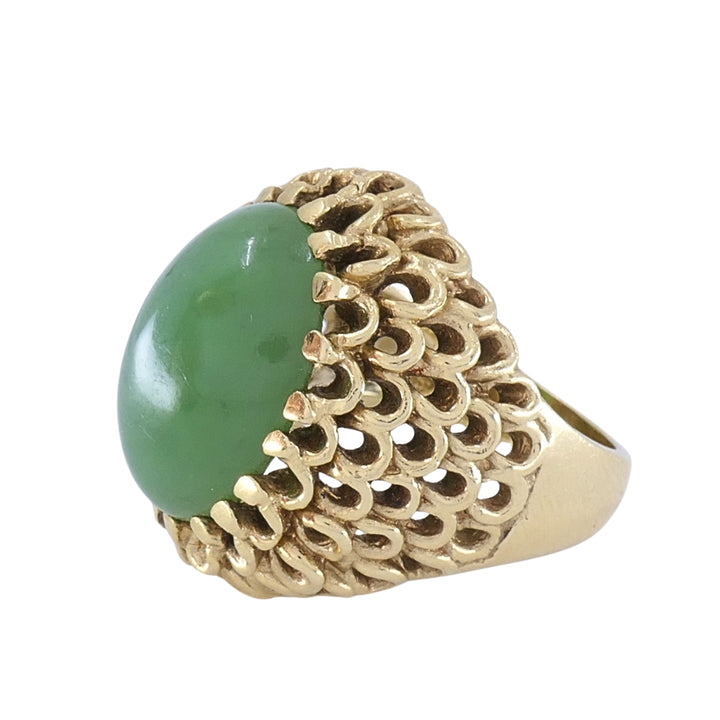 Vintage 14k Gold Green Jade Cabochon Cocktail Ring, Ornate Openwork Mounting