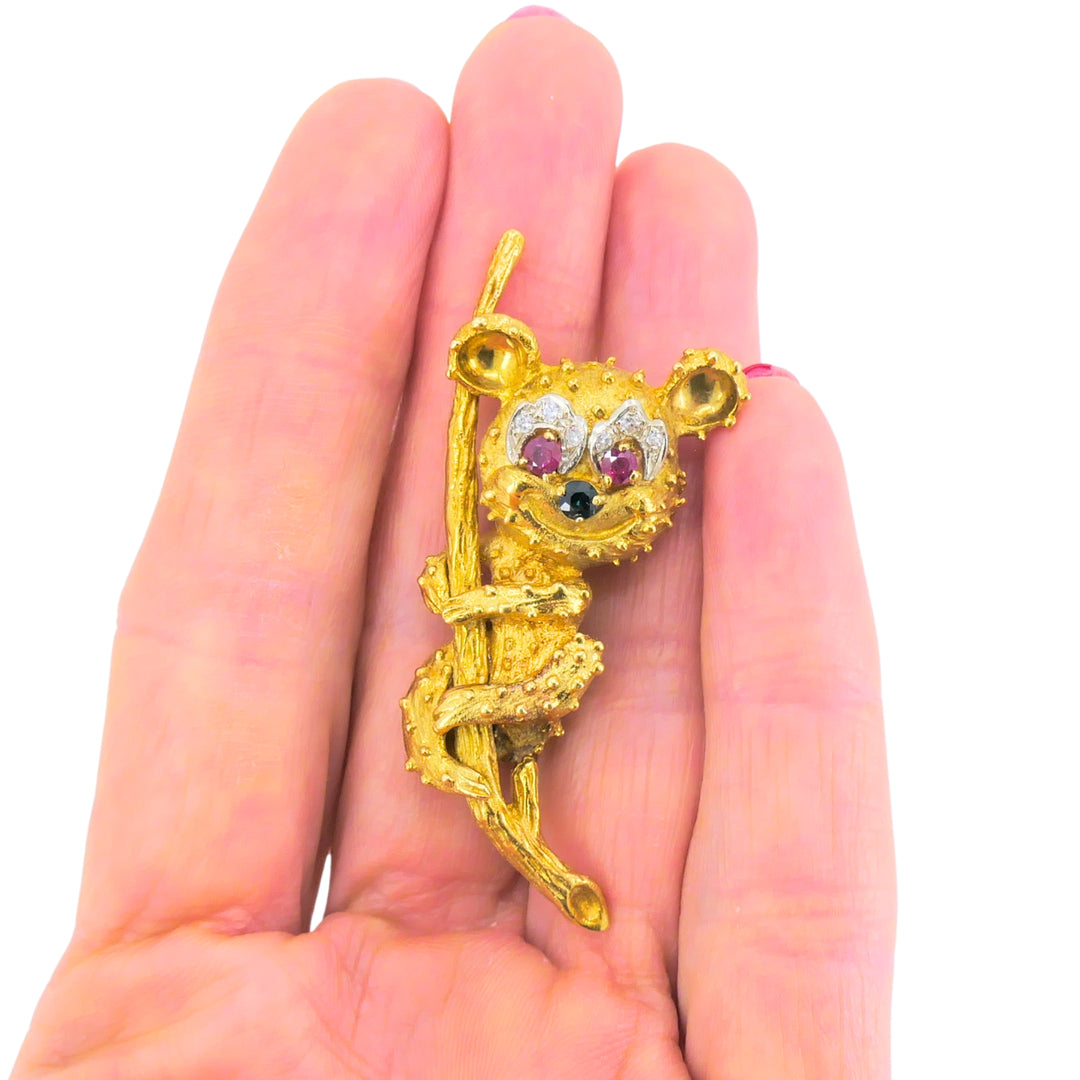 Vintage 18K Gold Brooch Koala Bear on Branch Brooch Ruby Sapphire Diamond