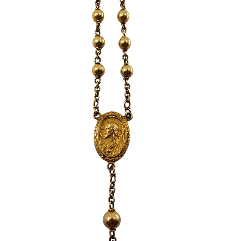 Vintage 10k Gold Beaded Rosary Necklace Medallion & Crucifix