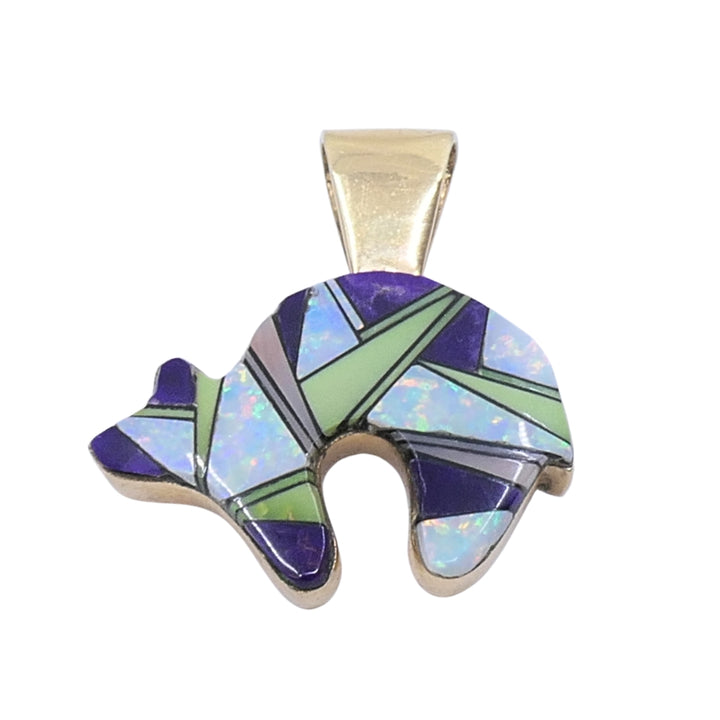 Vintage 14k Gold Zuni Style Bear Pendant Mosaic Opal Sugilite Inlay