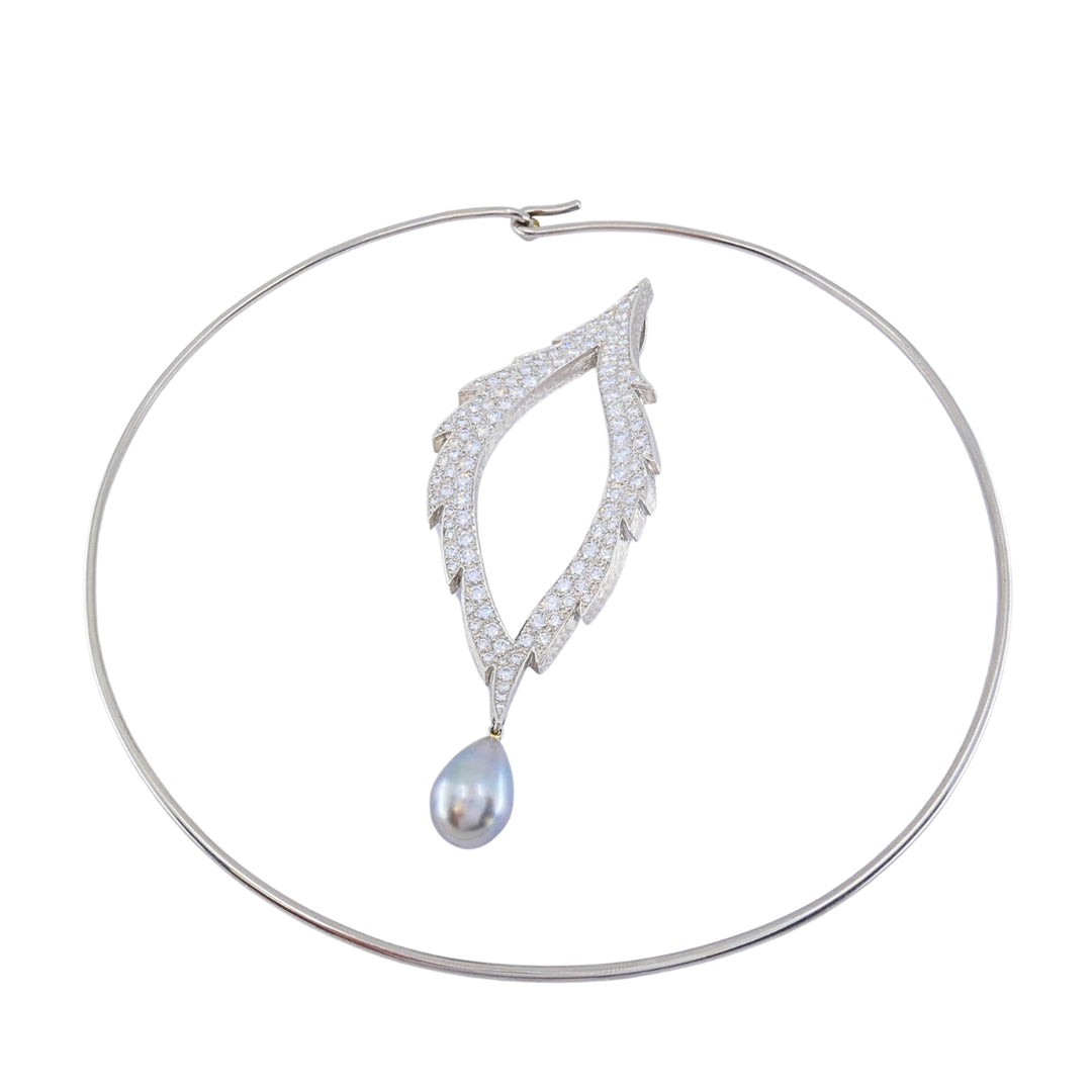 Grima 18k White Gold Diamond Tahitian Pearl Convertible Necklace Brooch