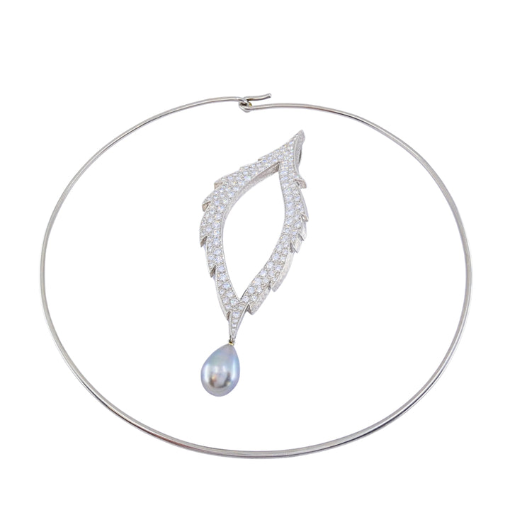 Grima 18k White Gold Diamond Tahitian Pearl Convertible Necklace Brooch