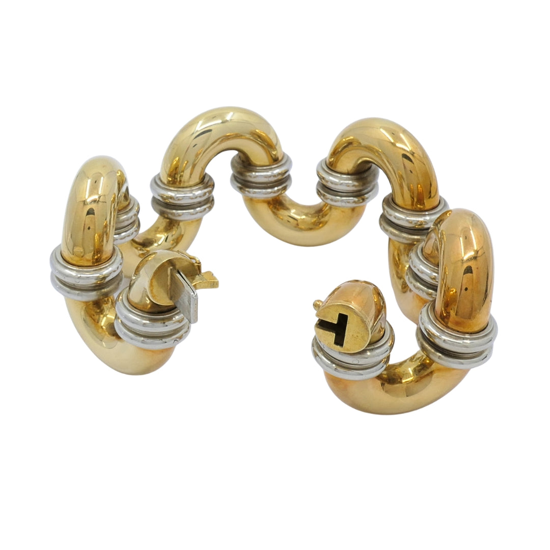 Vintage Sculptural 18k Gold Link Bracelet Wide Two-Tone Gold