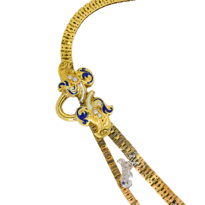 Victorian Gold Snake Necklace Diamond Ruby Enamel, 1900s Antique
