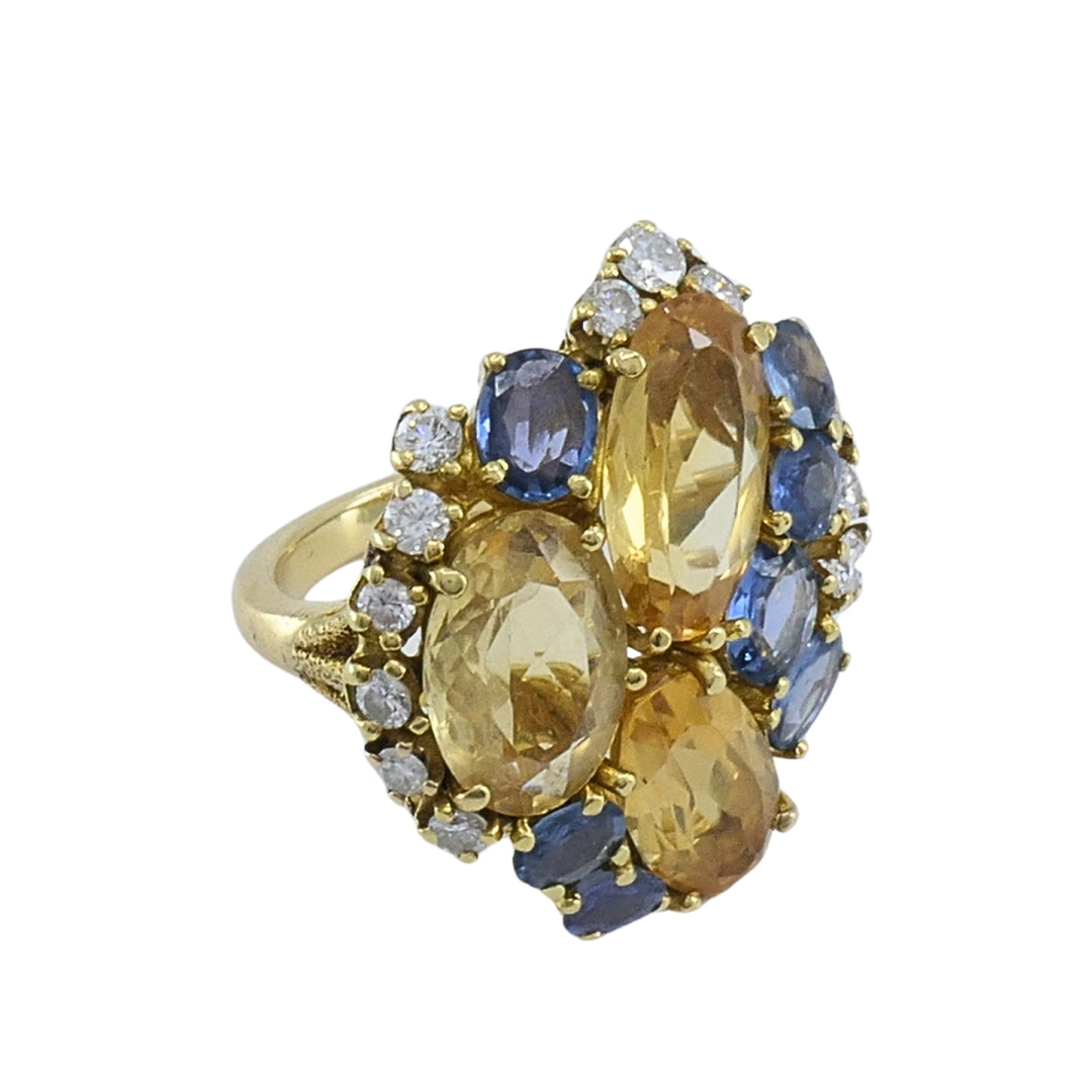 Vintage 14k Gold Imperial Topaz Blue Sapphire Diamond Cluster Cocktail Ring