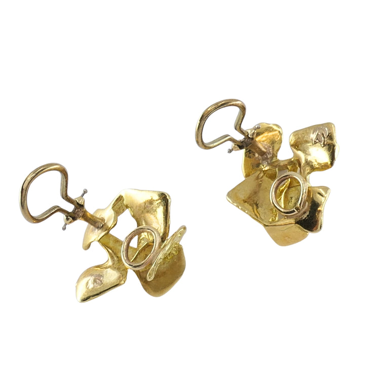 Vintage 18k Gold Modernist Abstract Floral Design Textured Clip-On Earrings