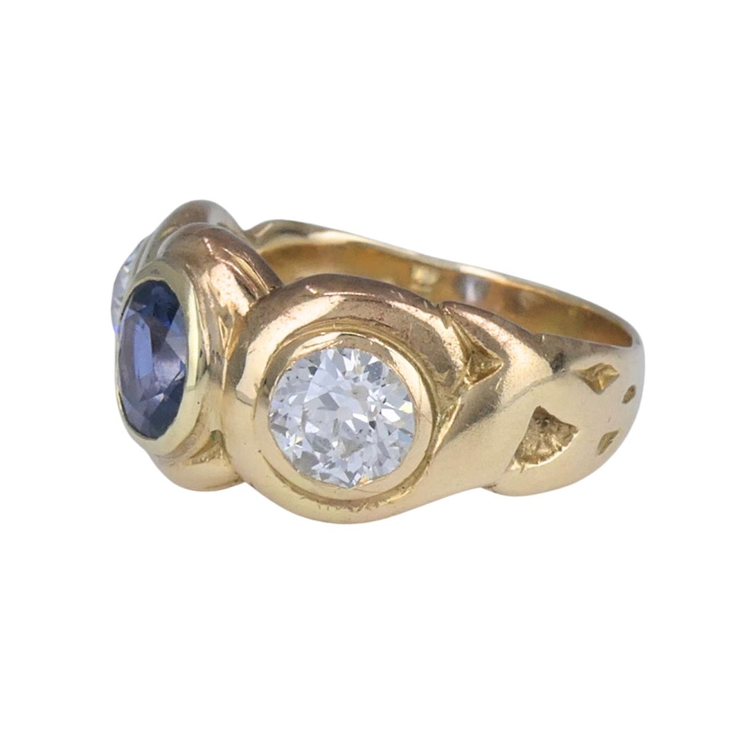 Antique 14k Gold Sapphire Old European Cut Diamond Three Stone Ring