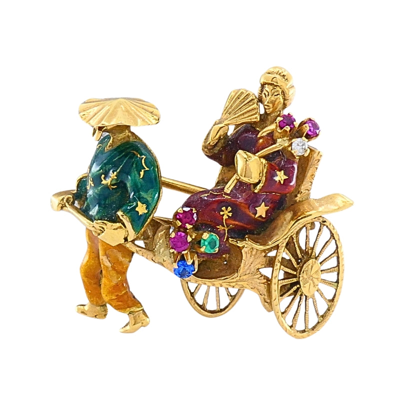 Vintage 18k Gold Riksha Brooch Pin Enamel Gemstone Accents