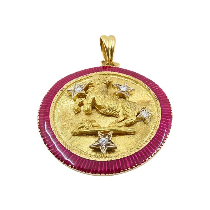 Capricorn Pendant Vintage 18k Gold Enamel Diamond