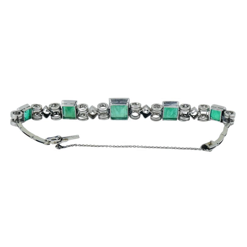 Victorian 18k White Gold Emerald Diamond Bracelet