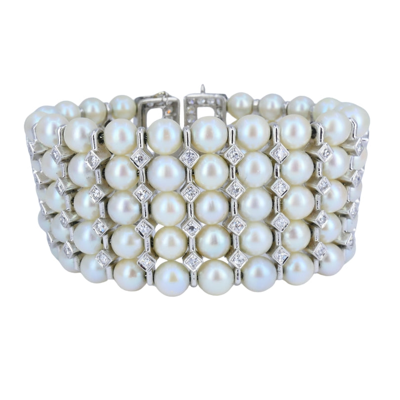 Vintage 1950s 14k White Gold Pearl and Diamond Bracelet Estate Jewelry