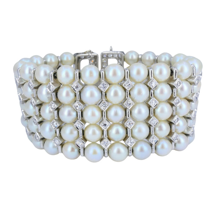 Vintage 1950s 14k White Gold Pearl and Diamond Bracelet Estate Jewelry
