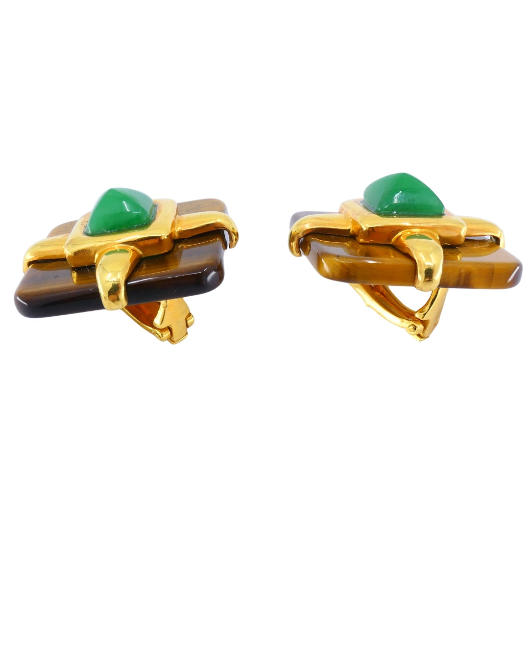 Aldo Cipullo Tiger’s Eye Earrings Chrysoprase 18k Gold Rhombus Shaped Earrings
