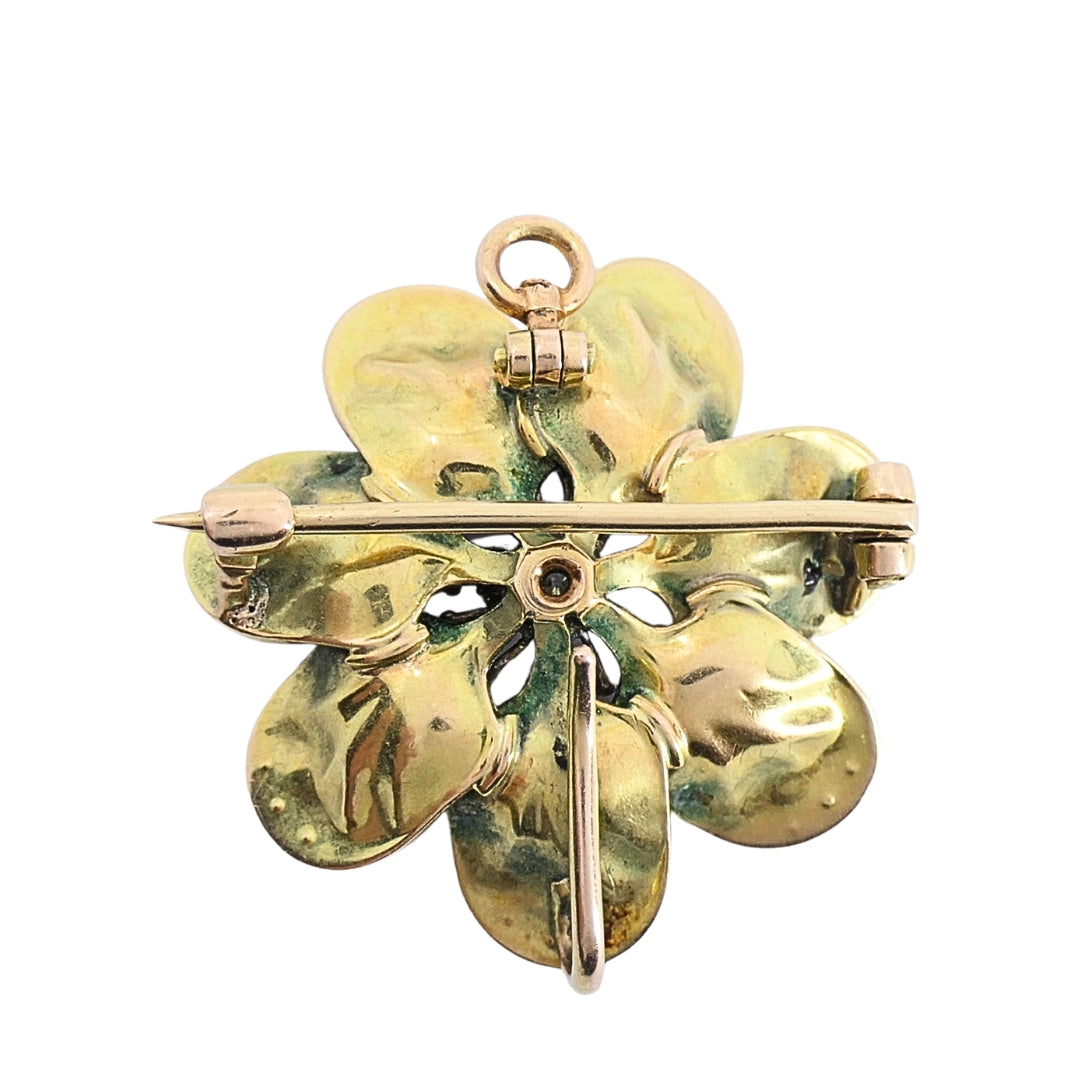 14k Gold Violet Flower Diamond Seed Pearl Pendant Brooch Necklace