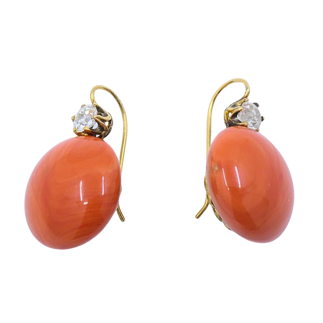 Antique Victorian 14k Gold Coral Diamond Drop Earrings, 1890 - 1900