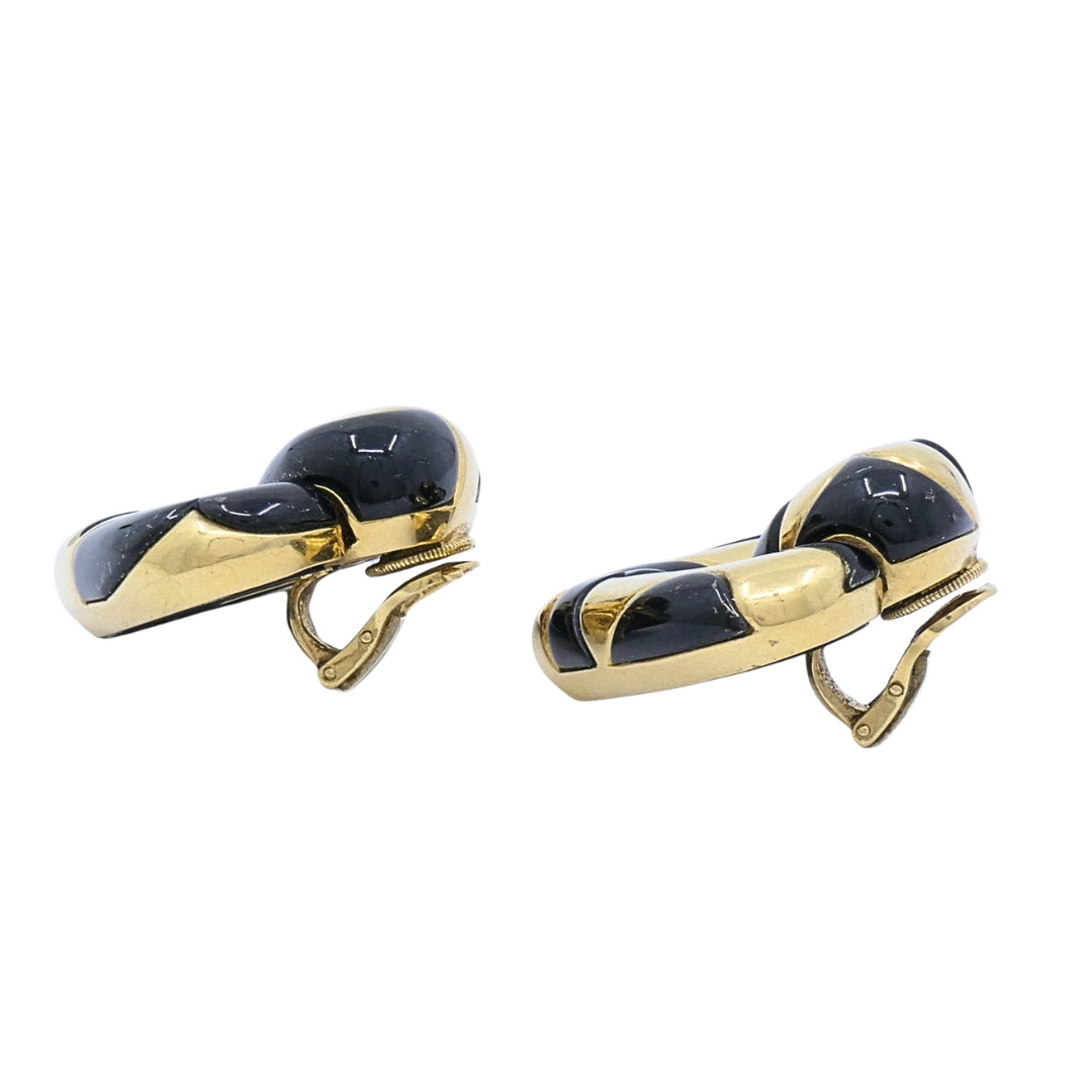 Marina B 18k Gold Black Enamel Heart Earrings Vintage Italian Designer Clip-Ons