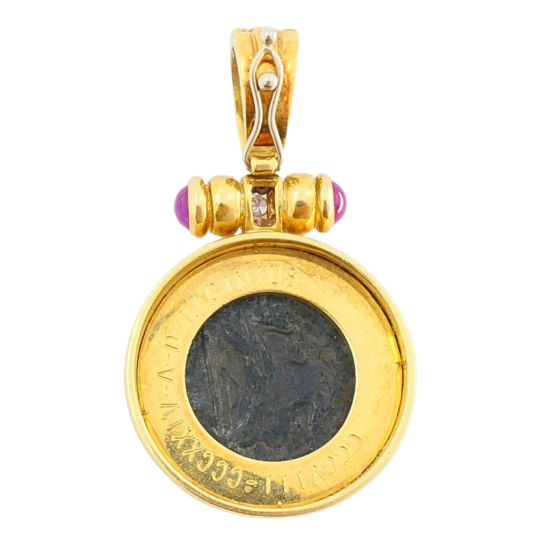 Ancient Coin 18k Gold  Diamond  Ruby Pendant
