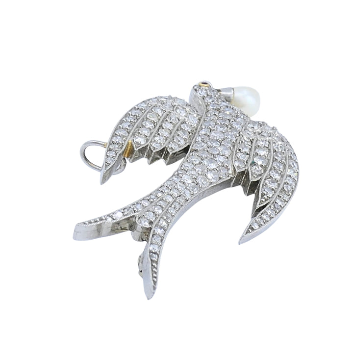 Diamond Pendant Bird Pin with Pearl Drop