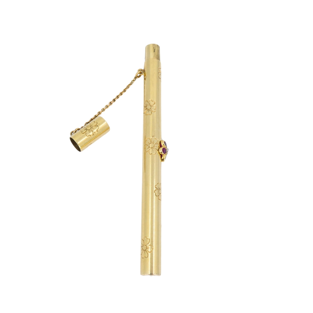 Retro 1940s Van Cleef & Arpels 14k Gold Ruby Pocket Make-Up Brush