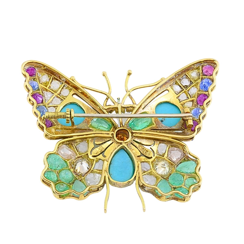 Vintage 18k Gold Multigem Butterfly Brooch Statement Insect Jewelry