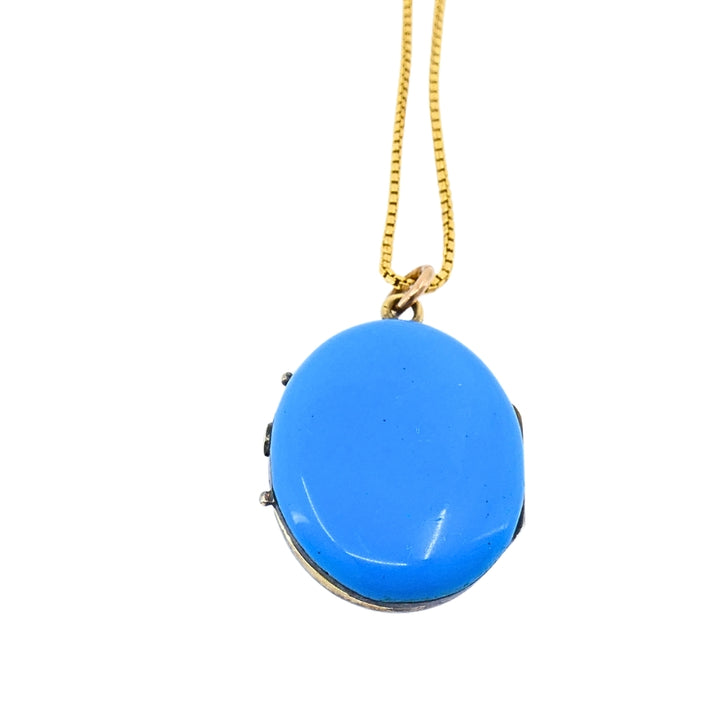 Victorian 14k Gold Necklace Blue Enamel Locket Pendant