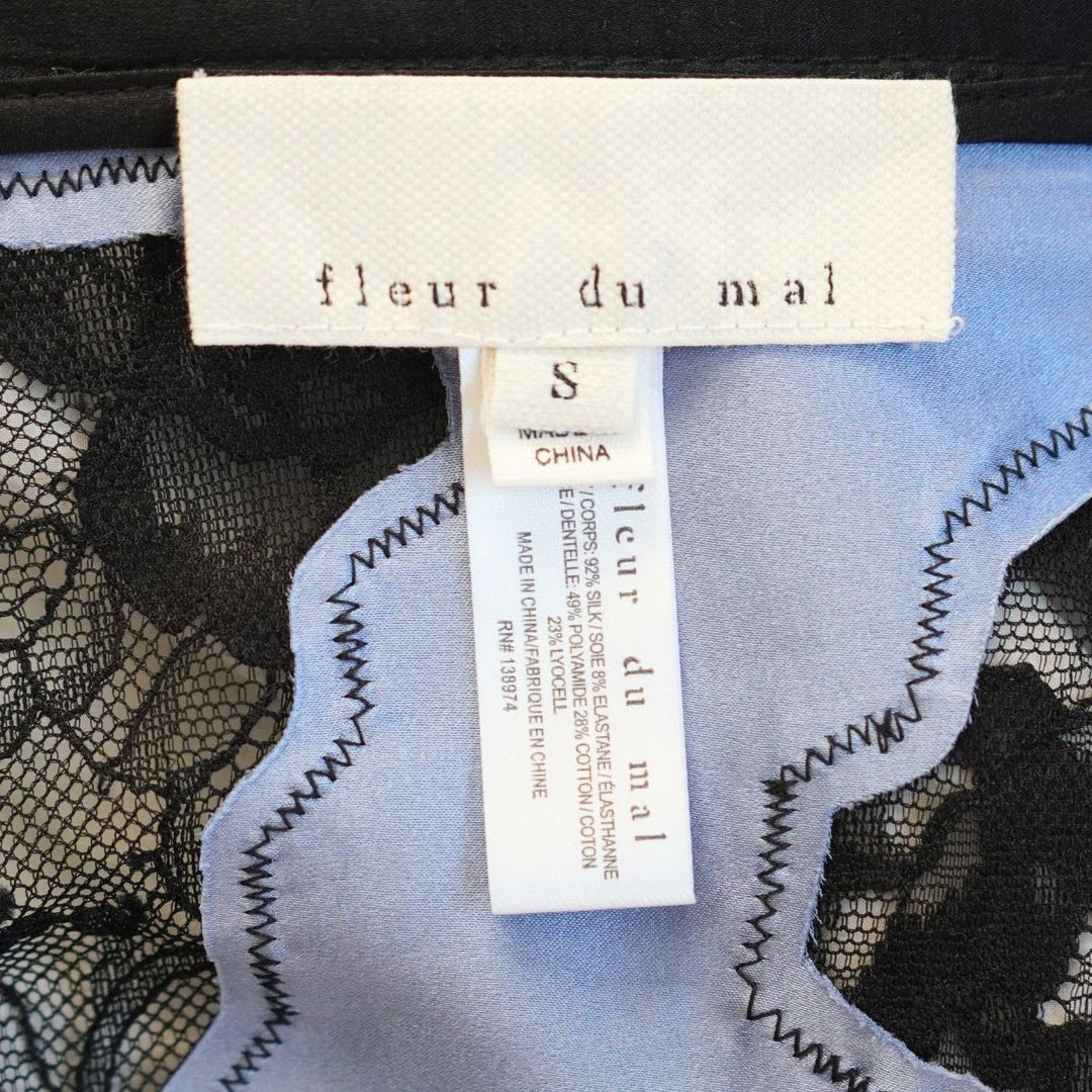Fleur du Mal Blue Silk Black Lace Cropped Tank Top