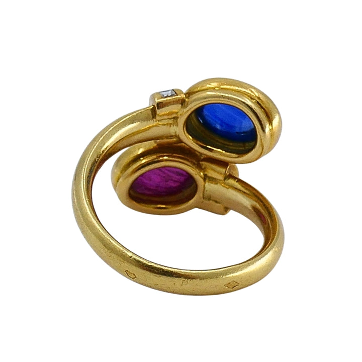 French 18k Gold  Ruby Sapphire Diamond Bypass Ring