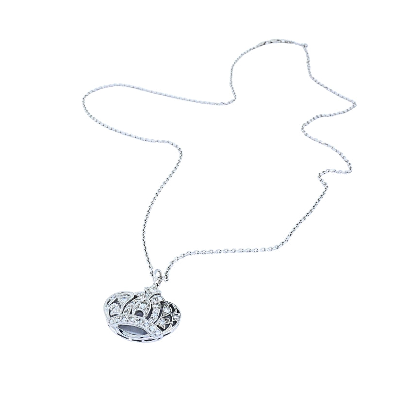 14k White Gold Diamond Crown Pendant Necklace