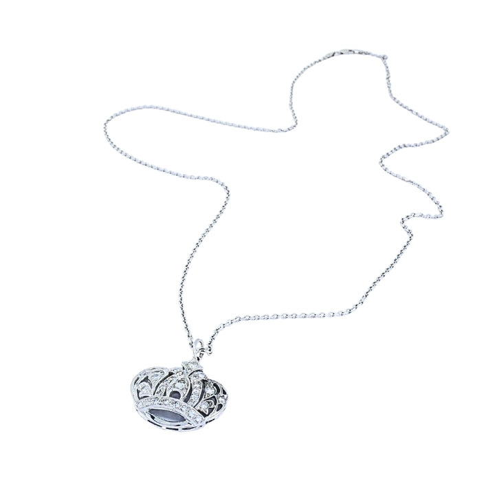 14k White Gold Diamond Crown Pendant Necklace
