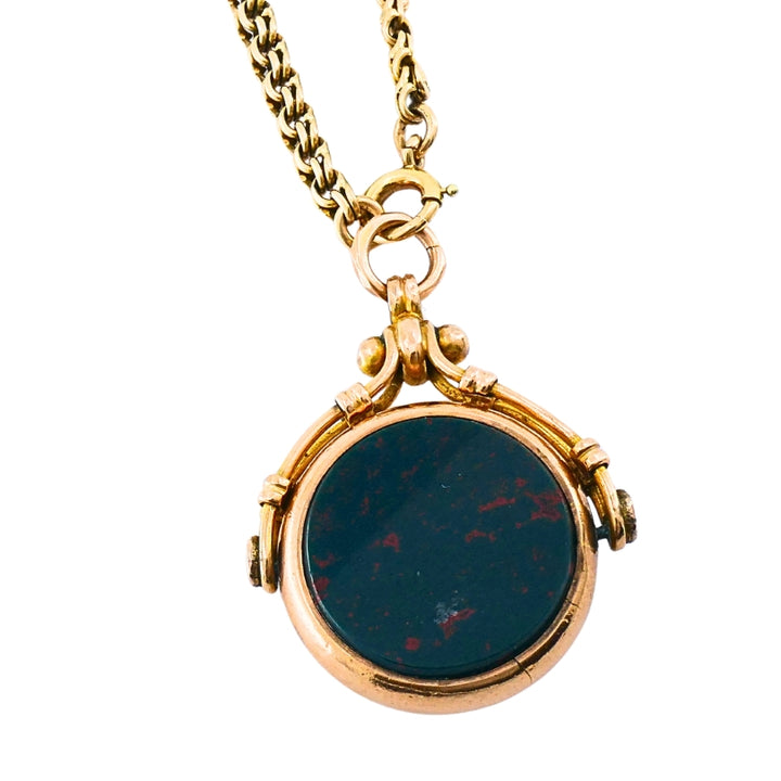 Antique 9k Gold Carnelian Bloodstone Pendant  14k Gold Chain Necklace