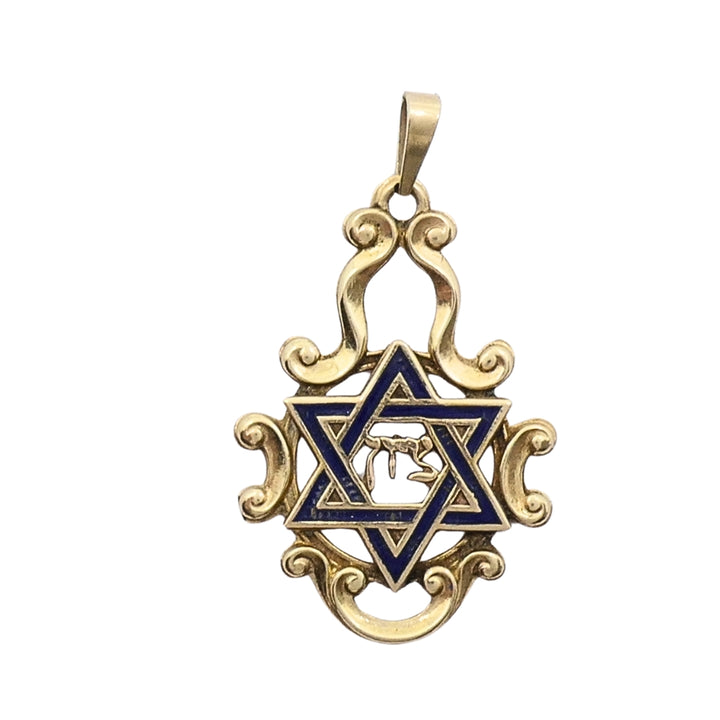 Vintage 14k Gold Blue Enamel Star of David Chai Pendant