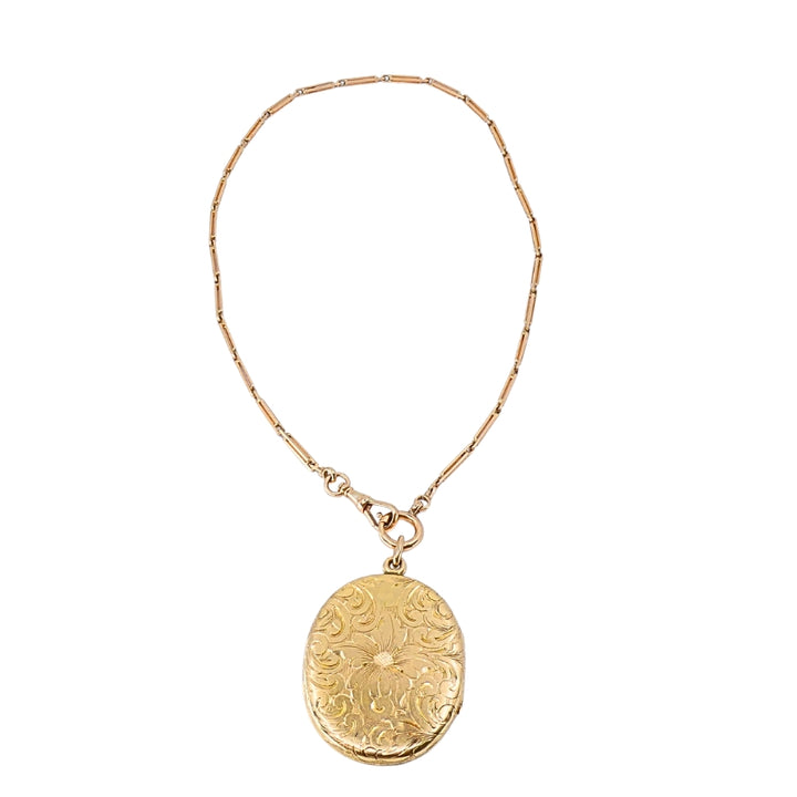 14k Gold Engraved Locket Pendant Gold Antique Watch Chain