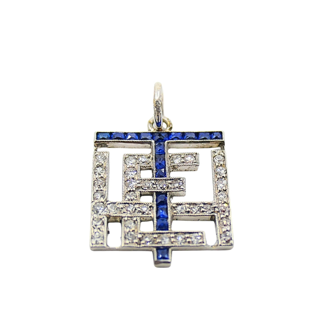 Antique Platinum Diamond Sapphire Geometric Pendant Charm