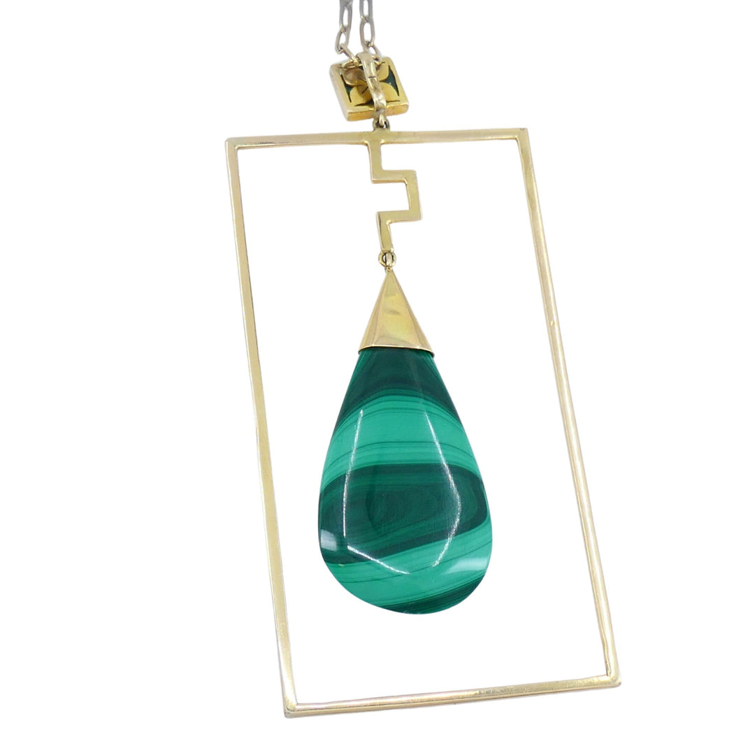 Modernist 10k Gold Malachite Pendant 14k Chain Necklace