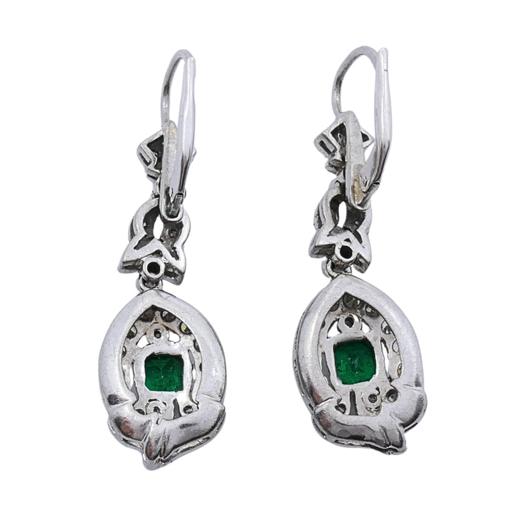 Art Deco-Style 12k White Gold Emerald Diamond Drop Earrings