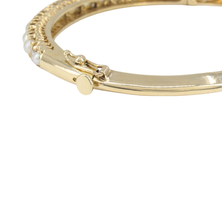 Antique Victorian 14k Yellow Gold Pearl Diamond Hinged Bangle Bracelet