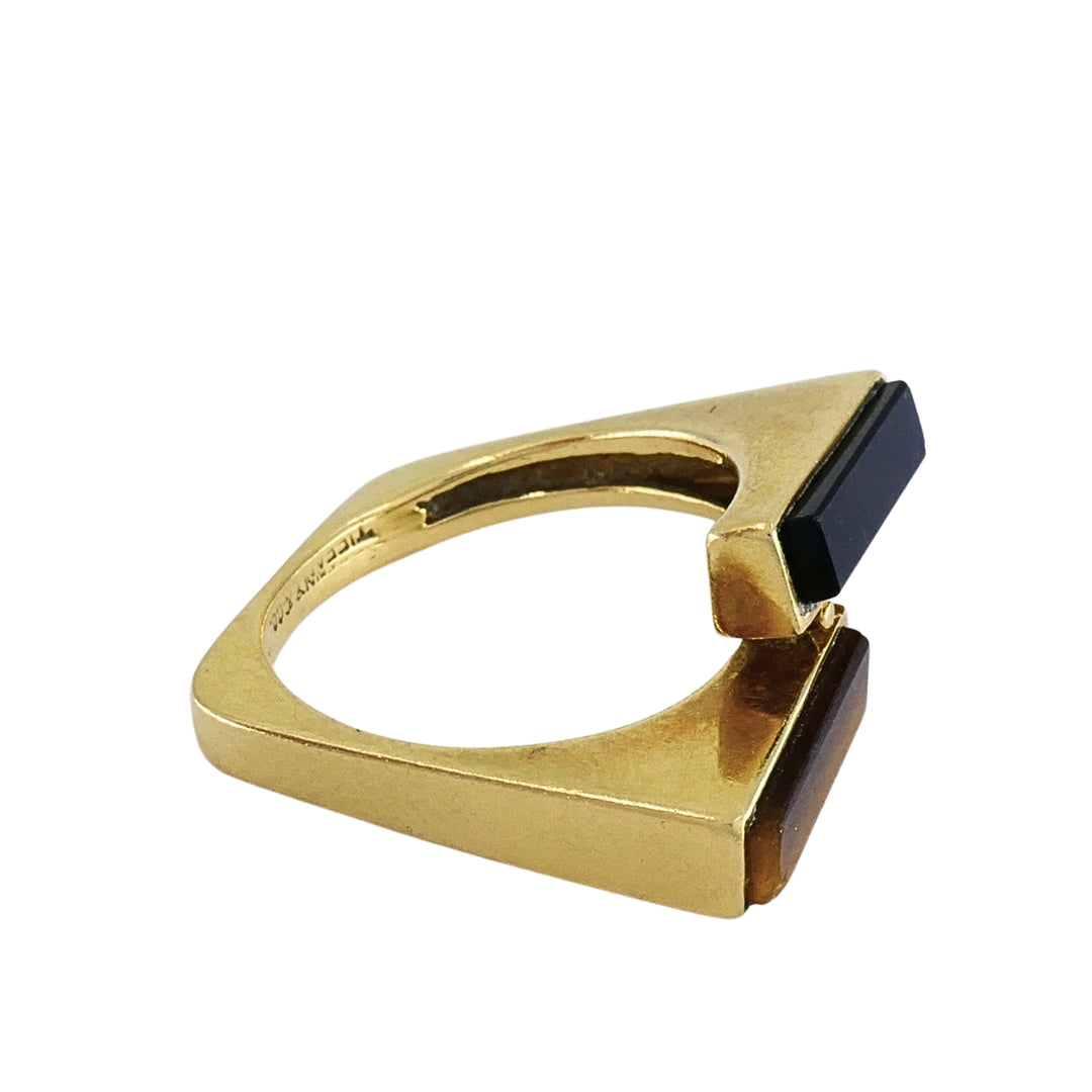 Vintage Tiffany & Co. 18k Gold Onyx Tiger's Eye Modernist Bypass Ring