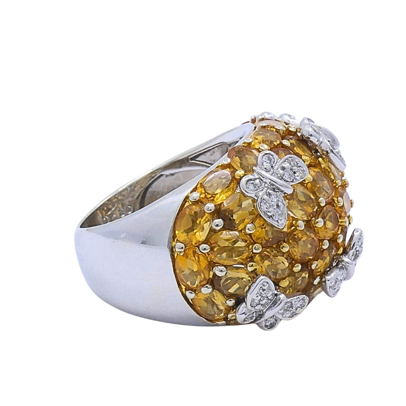 14k White Gold Citrine Diamond Butterfly Dome Ring
